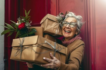 Obraz na płótnie Canvas Older Woman Holding a Bunch of Presents
