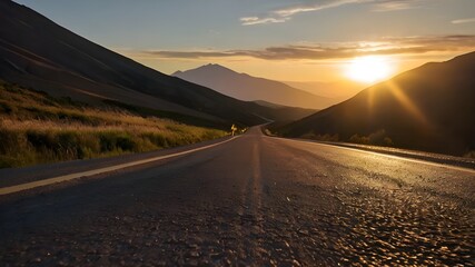 empty old paved road in mountain area at sunset