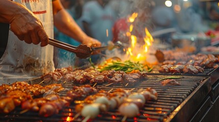 A waft of fragrant es fills the air as sizzling meats and fresh vegetables are expertly cooked on...