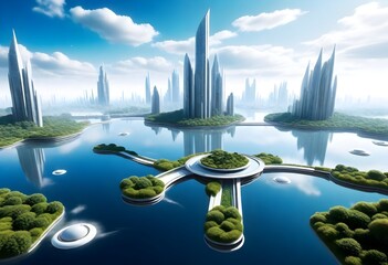 Naklejka premium A Futuristic City On A Floating Platform Drifting (7)
