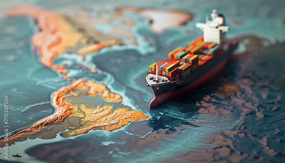 Poster Model of container ship on global map symbolizes transcontinental transport and globalization, conveying vast connectivity