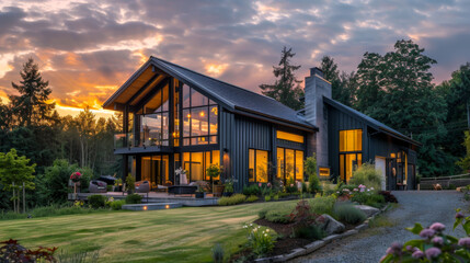 Modern farm house on 5 acres in the pacific northwest during a summer sunset