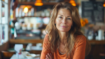 A woman with gray hair is sitting in a restaurant. She is wearing a gray red and a necklace