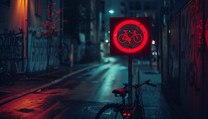 Image concept of nighttime city lane, Red light prohibits bikes on road, emphasizing closed cycle path
