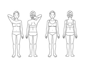 腕を上げて脇をみせるポーズと立ち姿勢の女性のイラストセット