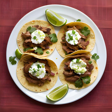 An ai generated image of a plate depicting 4 carnitas tacos