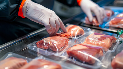 Close up of a food factory worker packing meat into the plastic on a packing machine. Expense of a meat - obrazy, fototapety, plakaty