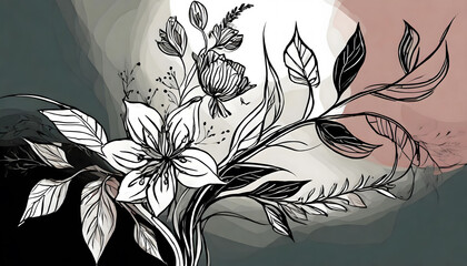 Floral branch and minimalist flowers for logo or tattoo. Hand drawn line illustration. Generative AI.