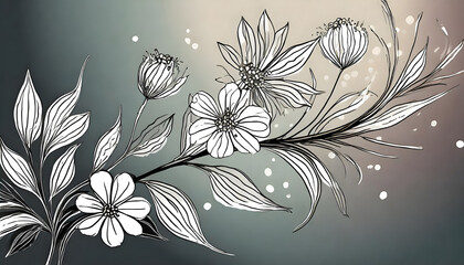 Floral branch and minimalist flowers for logo or tattoo. Hand drawn line illustration. Generative AI.