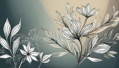 loral branch and minimalist flowers for logo or tattoo. Hand drawn line wedding herb, elega. Generative AI.