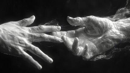 A black and white image of two hands reaching towards each other the fingertips meeting and sparking with a faint glow symbolizing a deep mental link between two individuals.