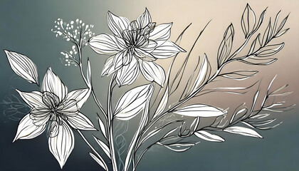 loral branch and minimalist flowers for logo or tattoo. Hand drawn line wedding herb, elega. Generative AI.