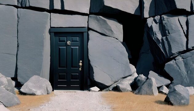 A Black Door Set Against A Backdrop Of Rocky Cliffs   (1)