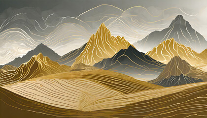landscape wallpaper design with Golden mountain line arts illustration. Generative AI.