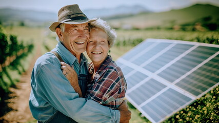 An elderly couple on a farm with a solar panel. The concept of eco-friendly farming with copy space