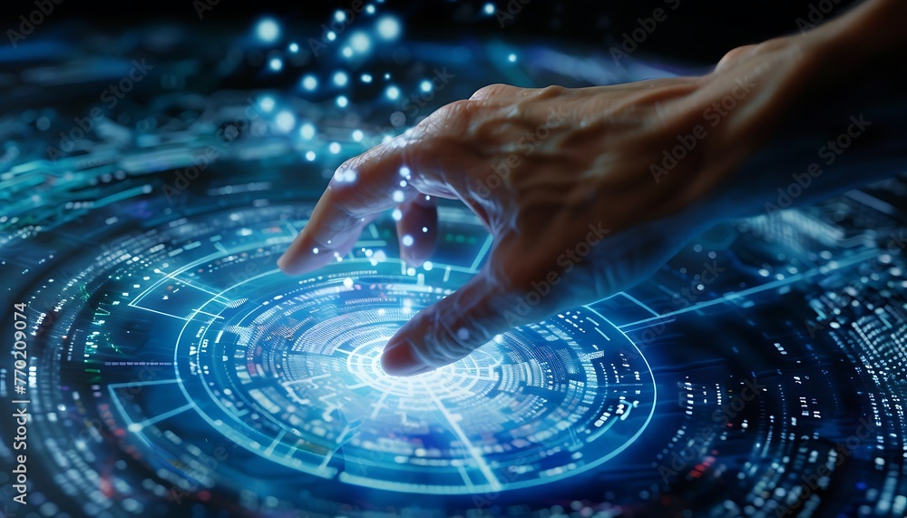 Aufkleber Dynamic Visualization: Hand Interacting with Spinning Data Flow, Background Illustrating Data Processing