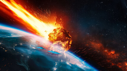 A large rock is falling towards the planet Earth. The planet is surrounded by a bright orange and red sky