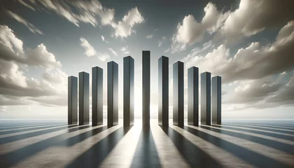 Fotobehang Symmetrical pillars cast long shadows across a reflective surface under a cloudy sky. © KeetaKawee