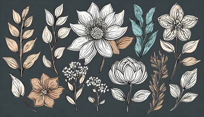 Set of luxury flowers and logo. Trendy botanical elements. Hand drawn line leaves branches. Generative AI.