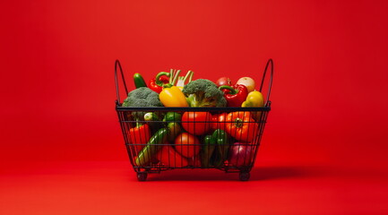 Vegetables in a grocery basket on a simple red background. The concept of a bright banner or flyer for a supermarket