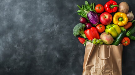 Vegetables and paper bag on the table. Concept for a banner for buying fresh vegetables with copy space