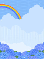 虹のかかった青空と満開のアジサイ（縦向き）