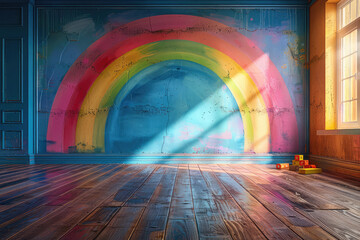 Rainbow painted wall in a room. Created with Ai