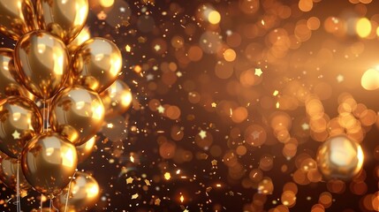 3D birthday frame encased in a cluster of golden balloons,with confetti falling against a backdrop of soft,glowing lights The scene exudes a sense of luxury