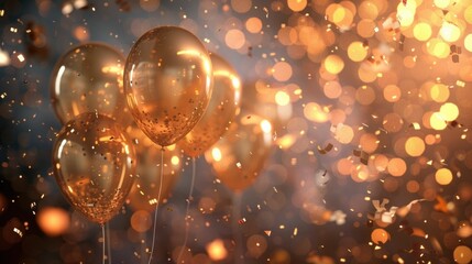 Elegant and celebratory 3D birthday frame encased in a cluster of golden balloons Confetti is falling gracefully against a backdrop of soft,glowing lights