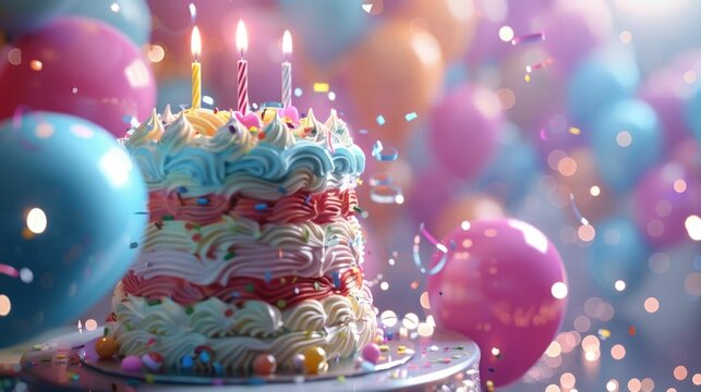 This 3D rendered image depicts a towering,elaborately decorated birthday cake The cake is covered in vibrant,swirling frosting in shades of pink,blue,and yellow Floating around the cake are an array