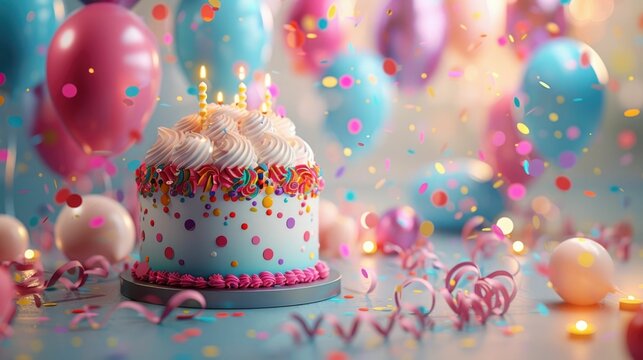 This vibrant 3D-rendered image depicts a festive birthday scene A confetti-themed cake is surrounded by a cluster of glossy balloons in various colors,with curly ribbons adding to the decorative