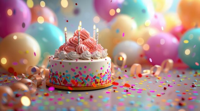 This vibrant 3D-rendered scene captures the essence of a festive birthday A confetti-themed cake,surrounded by a cluster of glossy balloons and curly ribbons,takes center stage,illuminated by the