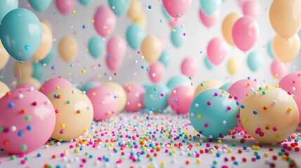 Fototapeta na wymiar A vibrant and whimsical scene featuring a border of colorful 3D balloons surrounding an empty space,filled with a scattering of confetti in a variety of hues The balloons and confetti create
