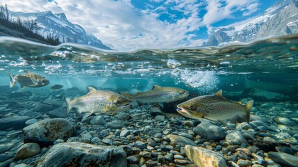The disappearance of glaciers leads to a significant drop in water levels causing freshwater fish populations to decline and drastically altering aquatic ecosystems. - obrazy, fototapety, plakaty