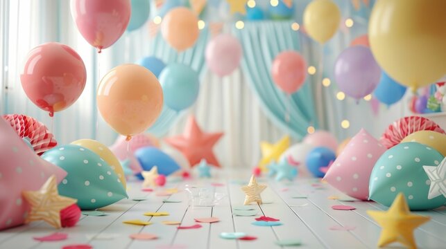 A vibrant and cheerful party scene framed by a border of colorful 3D balloons,accompanied by various decorative elements such as stars,confetti,and patterned fabric curtains The image evokes a sense
