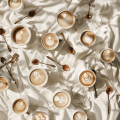 Artistic Flat Lay of Multiple Coffee Cups with Latte Art