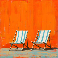 Two azure chairs sit in front of a vibrant orange wall, providing comfort and leisure in the shade. The wooden outdoor furniture creates a relaxing atmosphere with tints and shades of orange