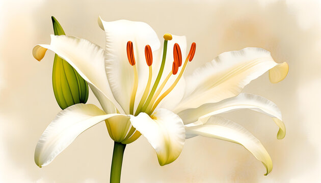 A watercolor painting of a white lily on a muted background.
