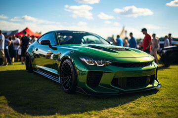 Green modern sports vehicle parked in a field for display at open-air automotive show, front view