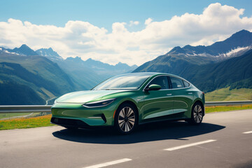 Fototapeta na wymiar Modern green electric car driving on road against mountain landscape on sunny day