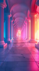 Surreal Baroque Corridor in Vivid Neon Lights - Ethereal Architectural Fantasy in Hyper-Detailed 3D Render