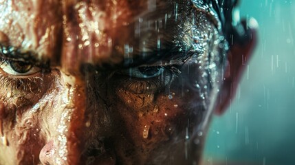 The sweatsoaked hair of a boxer sticks to his forehead as he stares down his competitor with fiery eyes. - obrazy, fototapety, plakaty