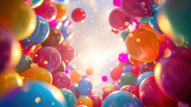 A mesmerizing digital rendering featuring an array of brightly colored,translucent 3D balloons or spheres encircling a transparent central void The spheres reflect light and create a