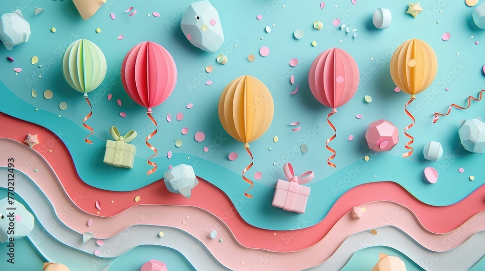 Poster this image features an elegant 3d paper-cut style birthday invitation design with floating balloons,
