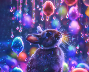 cute easter bunny in the night with rain and easter eggs falling from the sky 