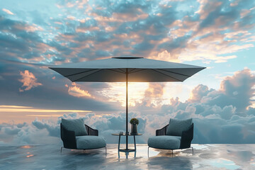 Visualize a scene of tranquility featuring two modern patio chairs with a minimalist table and a sleek black umbrella, set against a backdrop of dramatic clouds rolling across the sky