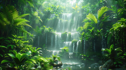 Tropical forest in the morning with waterfall view. Created with Ai