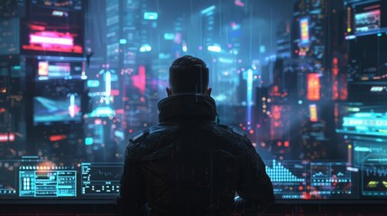 With a hacker's cunning mind and a cyberpunk vibe, he navigated the digital underworld - obrazy, fototapety, plakaty