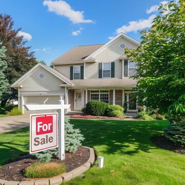 Suburban house with 'For Sale' sign on a sunny day, showcasing real estate market.