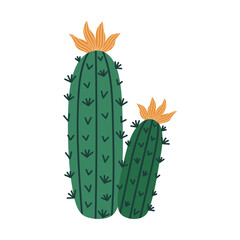 Blooming cactus vector icon. A prickly exotic plant with two green stems, spines, yellow flowers. Indoor or desert succulent. South American cereus. Hand drawn botanical doodle. Flat cartoon clipart